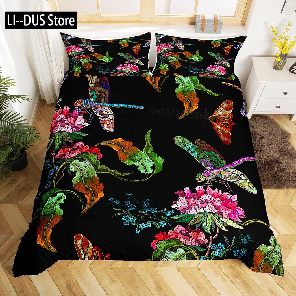 Aquarell Pastell Floral Bettwäsche Sets Vollgröße Bettbezug für Mädchen Frauen Libelle Deckenbezug Steppdeckenbezug Zimmerdeko