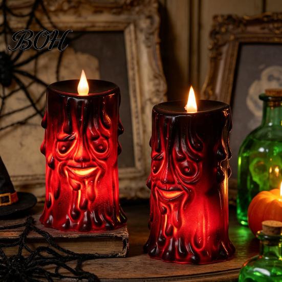 Plastic Halloween Figurine Flameless LED Candle, Spooky Face Tree Stump Pillar Atmospheric Festival Decoration Wax Drip Flickering Fake Candle