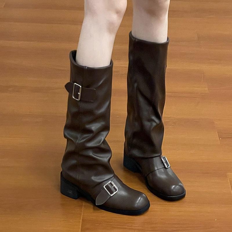Retro Simple Boots Brown Thick Heel Autumn And Winter Boots Pleated Senior Knight Boots