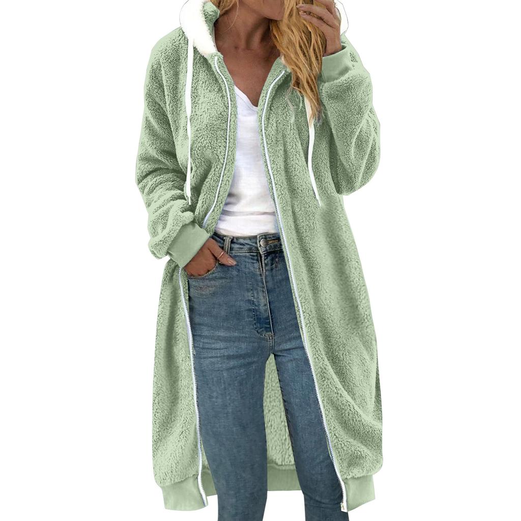 Ladies' Loose Comfortable Casual And Fashionable V-neck Long Sleeved Medium To Long Double-sided Plush Hooded Jacket