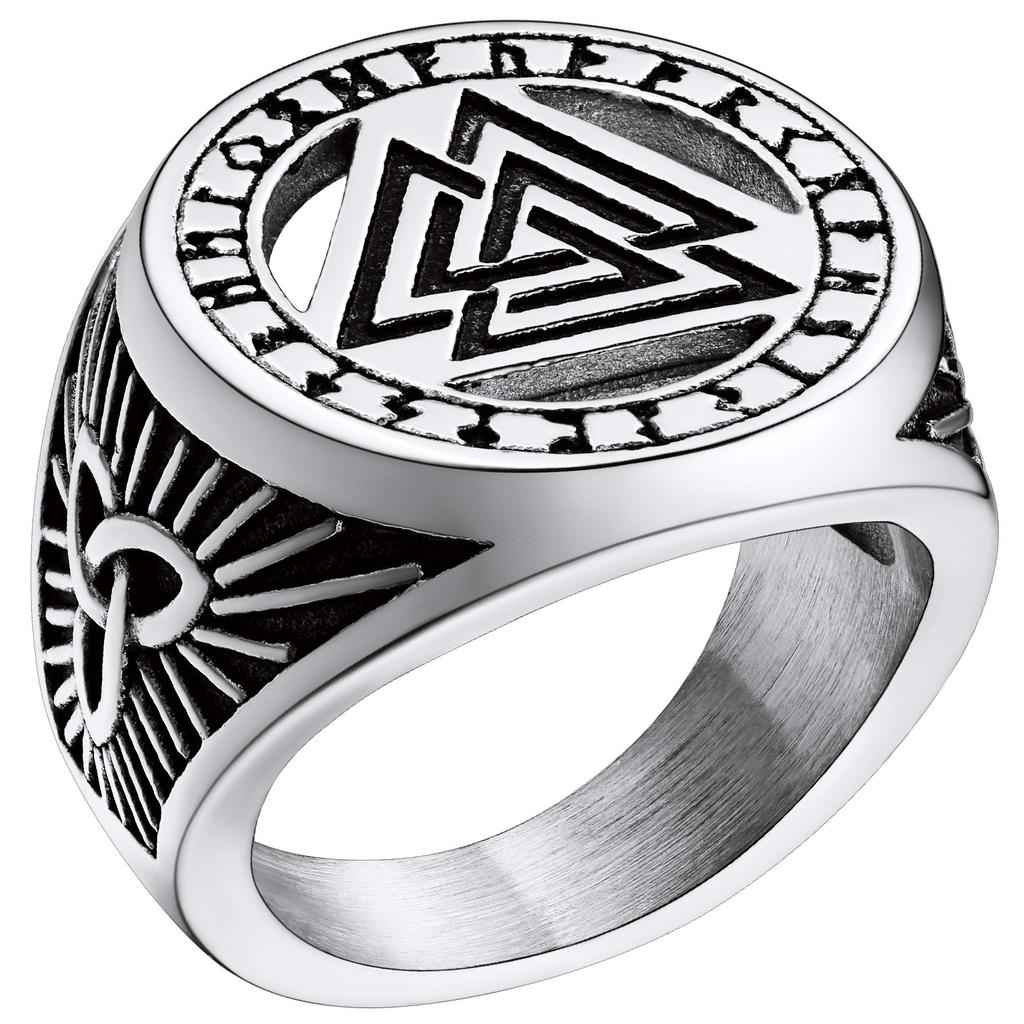 Big Signet Rings for Man Norse Viking Runes Valknut Wolf Head Triquetra Onyx Agate Size 7-14 Jewelry Gift for Him