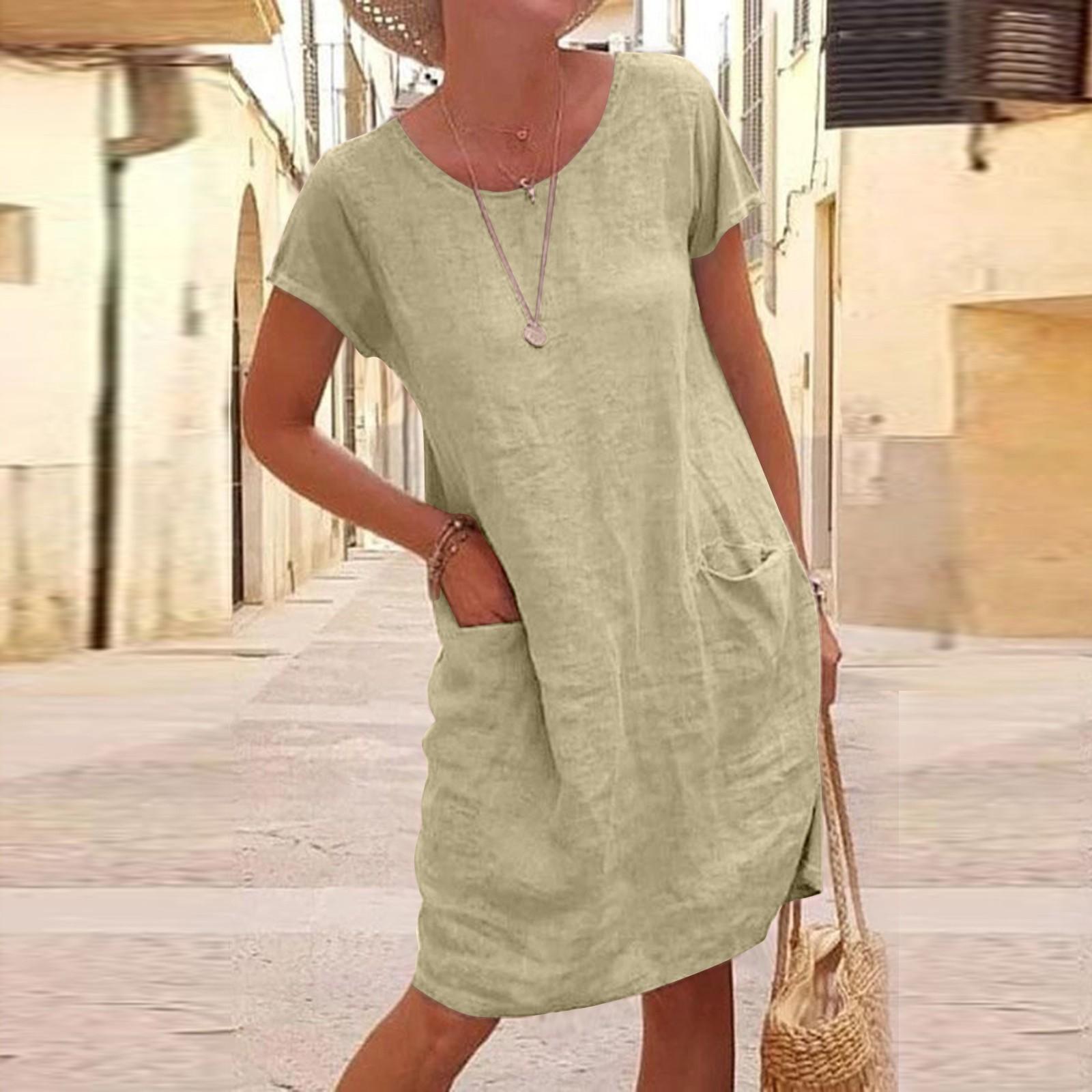 

Women s Casual Solid Color Stitching Short Sleeve Round Neck Large Swing Loose Pocket Cotton And Linen Dress L бежевий