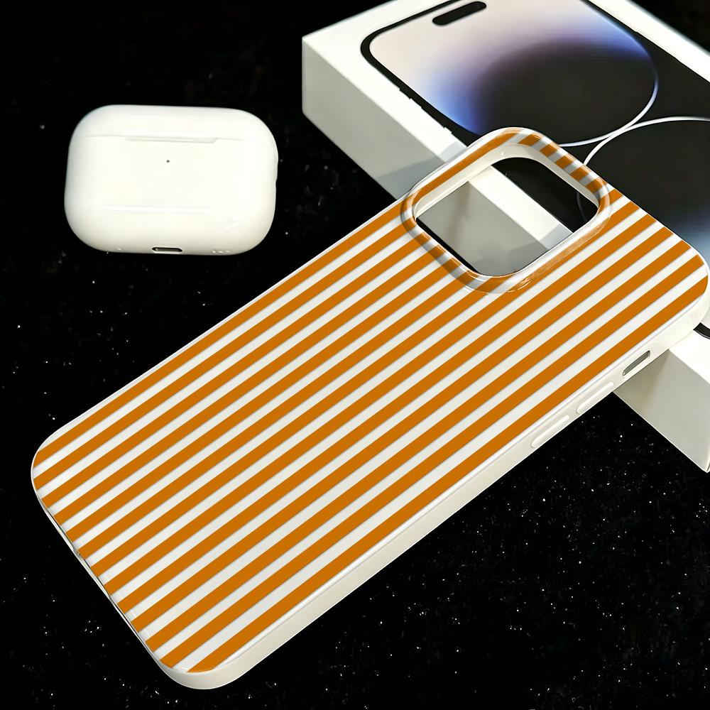 Orange-White Stripe Soft Silicone Case For Iphone 11 12 13 14 15 Plus 16 17 Pro Max Shockproof Anti-Fall Protective Cover