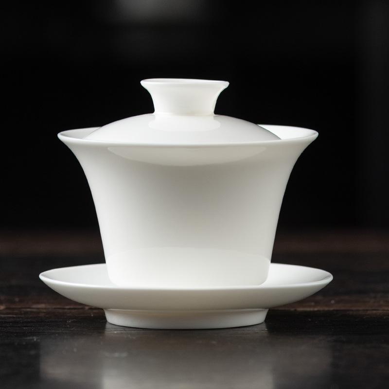 Light luxury imitation hand-painted suet jade porcelain Sancai cover bowl Kung Fu tea set single tea cup tea bowl pure handmade boutique