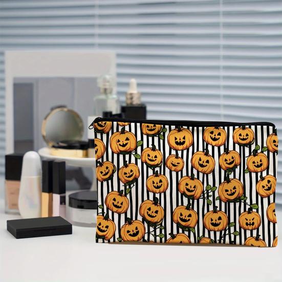 Retro Pumpkin Storage Halloween Makeup Bag, Scratch Resistant Durable Canvas Holiday Theme Stationery Bag Zipper Toiletry Pouch, for