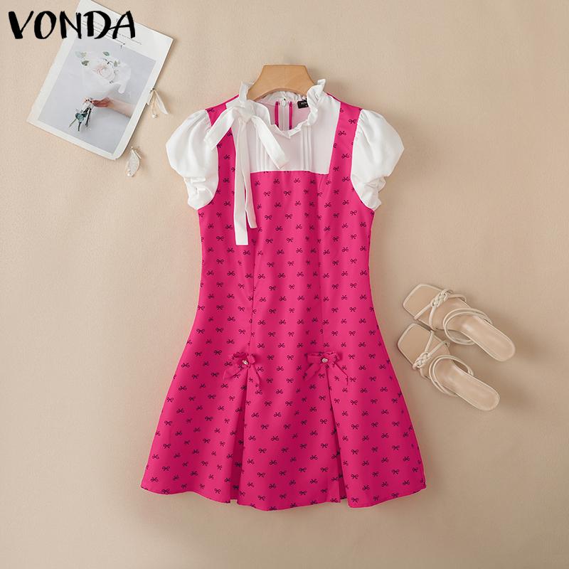 VONDA Women College Style Ruffled Neck Bow Knot Polka Dots Patchwork Pleated Dress