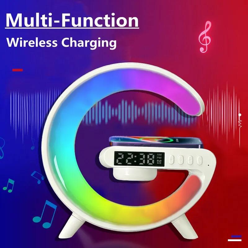 Modern 3-in-1 Wireless Charging Dock with Bluetooth Speaker, Alarm Clock, and LED Moon Lamp