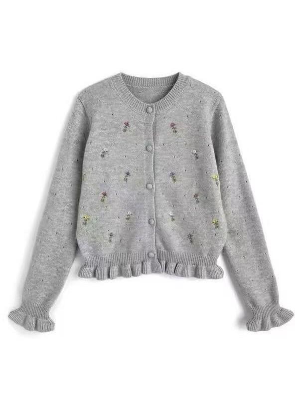 2026 Autumn/Winter Women's Floral Embroidery Knit Cardigan, Round Neck Korean Style Sweater Coat, Age-Reducing Design.