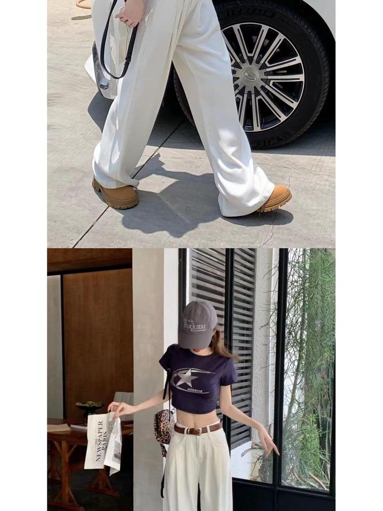 Nya Vita Högmidjade Veckade Vida Ben Jeans för Kvinnor i Större Storlekar - Vår/Sommar Smickrande Lösa Hängande Raka Ben Byxor