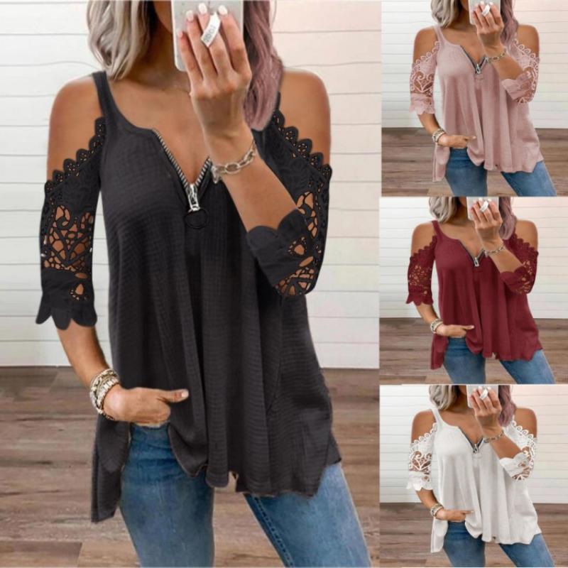 T-shirt da donna con maniche in pizzo, camicetta, top, taglie forti, t-shirt casual da donna con spalle scoperte