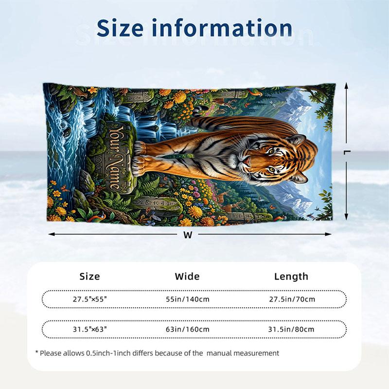 Tiger Spirit Clouds Theme Quick Dry Beach Towel Custom Name Text Print Large Sand Resistant Towel Beach Vacation