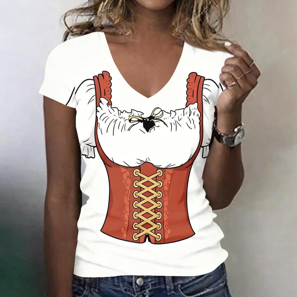 Camiseta casual para mujer con cuello en V y manga corta, top con estampado de Oktoberfest, diseño inspirado en el disfraz de Oktoberfest, tejido ligero y transpirable