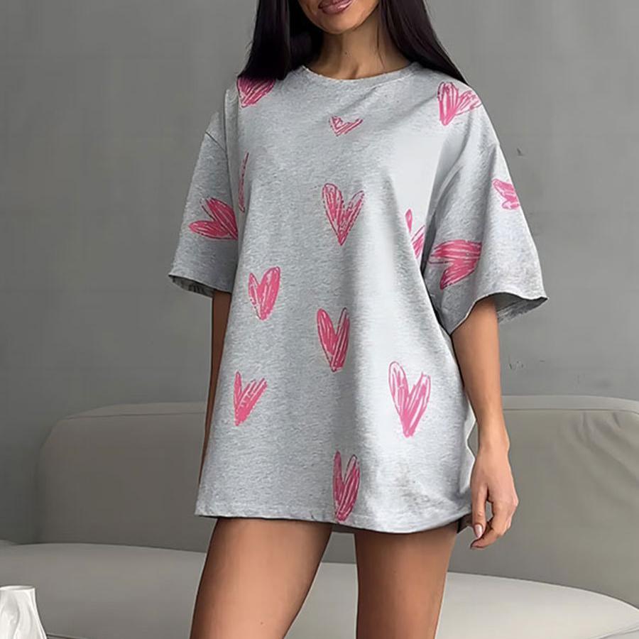 GMXIA Love Heart Print T-shirt Summer New Street Trend Hand-painted Love Heart Print Short-sleeved T-shirt