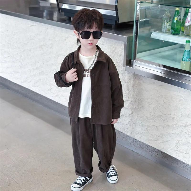 

Стильный осенний комплект для мальчиков: Однотонная рубашка с воротником + вельветовые брюки, костюм-двойка 90