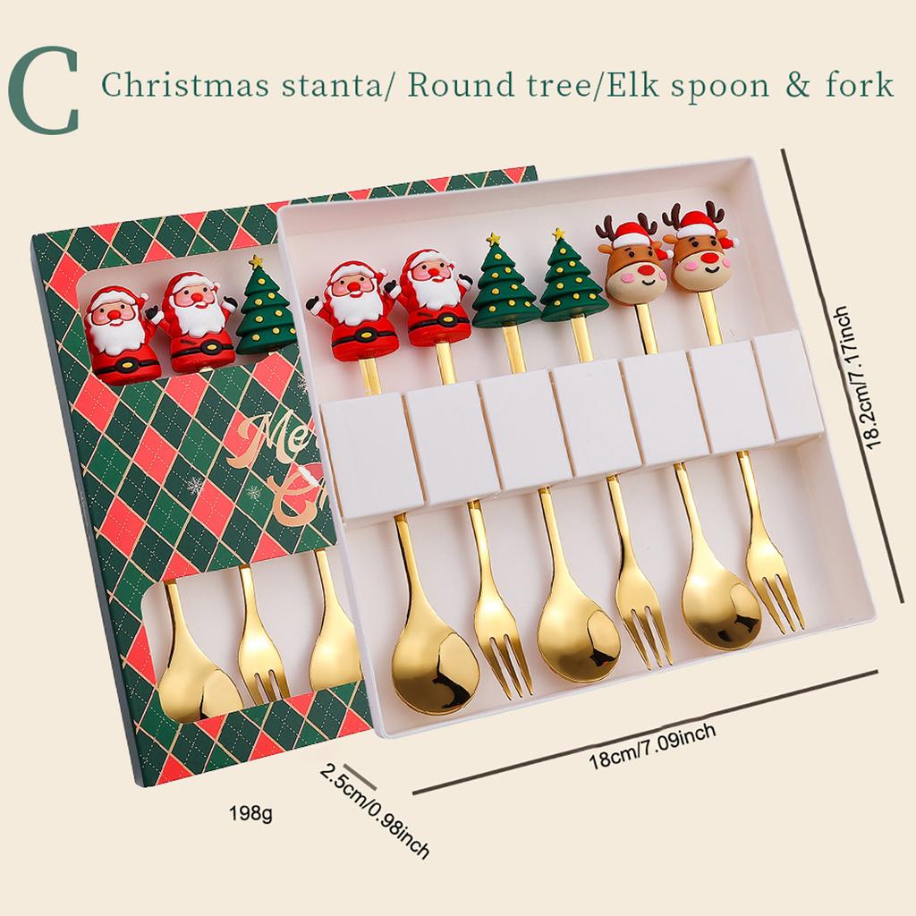 6pcs Christmas Party Dinnerware Set with Gift Box Elk Christmas Hat Tree Fork Spoon Cutlery Set Gold Stainless Steel Tableware