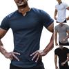 V-Neck Short Sleeve Arc Hem Men T-shirt Summer Solid Color Simple Tee Shirt Streetwear