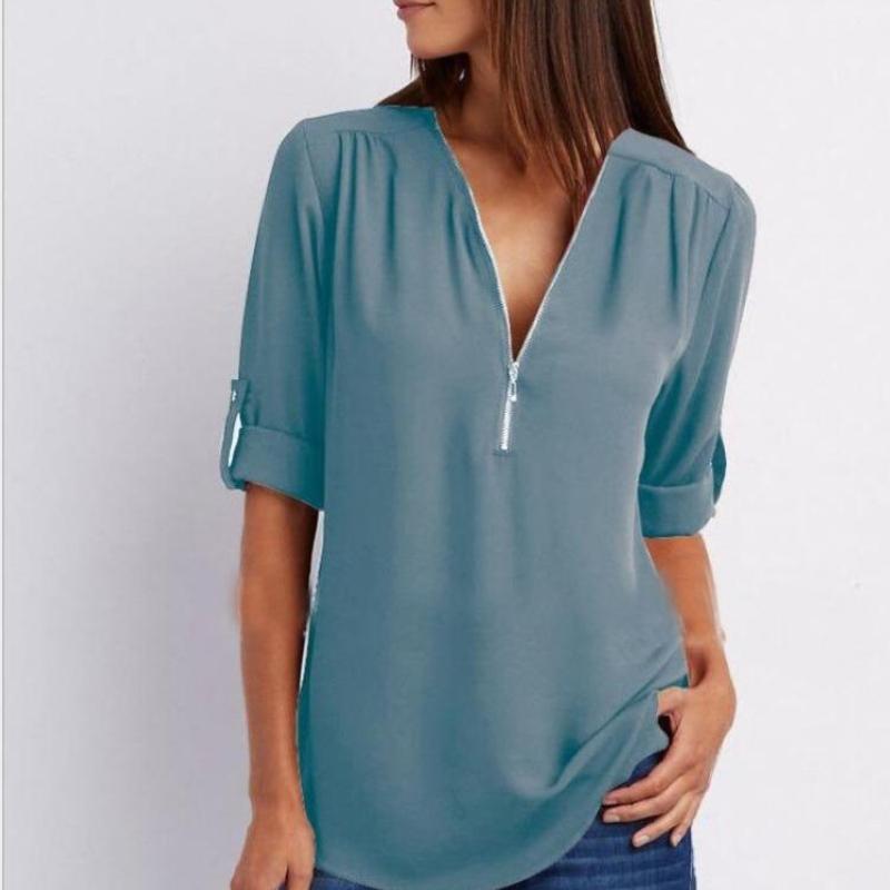 Camicia a maniche lunghe in chiffon con scollo a V e cerniera, taglie forti, da donna, con maniche regolabili