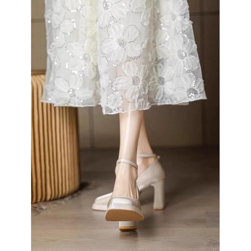 Off-White Satin Platform Mary Jane Heels with Square Toe for Spring/Summer Weddings