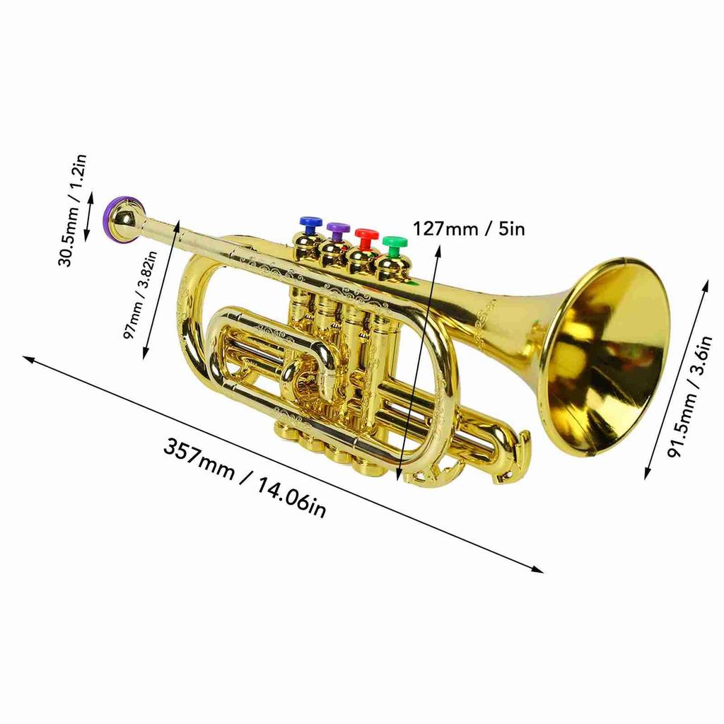 Children's Trumpet, Brass Instrument, 4-Key Plastic Musical Toy, Gold