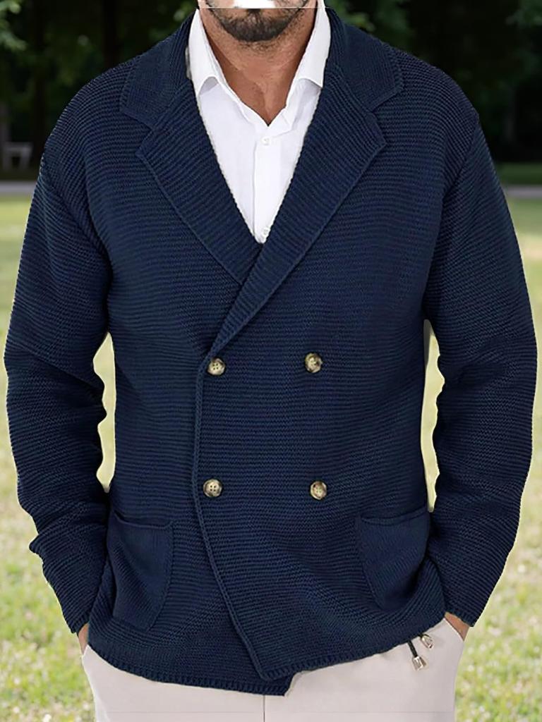 Men's Outdoor Casual Loose-fitting Plain Knit Jacket With A Green Collar And Double-breasted Buttons