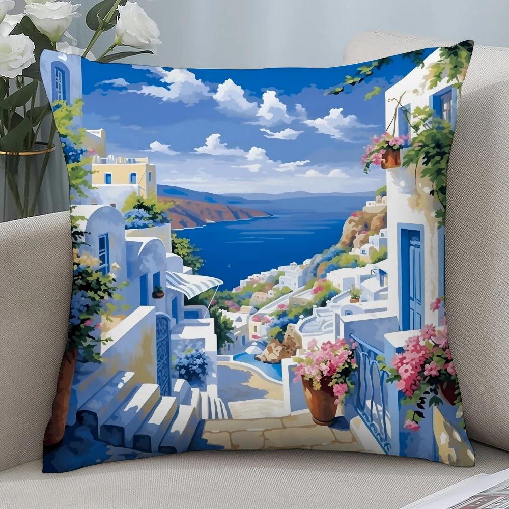 Santorini Landscape Pillow Case Short Plush Pillow Covers Sofa Decorative Gift Home Double-Sided Printing Cushion Cover