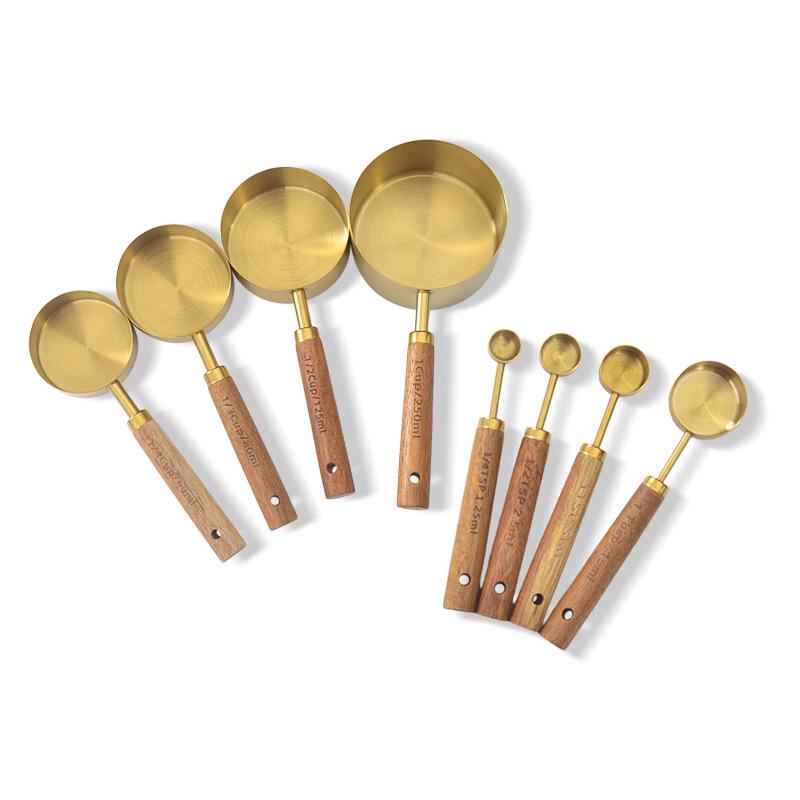 Stainless Steel Gold-Plated Measuring Spoons & Cups with Acacia Wood Handles, Precise Markings, 8-Piece Baking Tool Set.