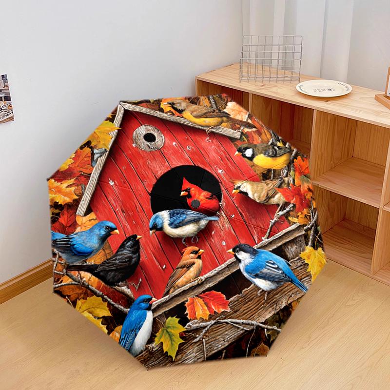 1 PC Automatic Folding Umbrella - Autumn Birdhouse Birds Pattern, Portable & Foldable Design with 8 Ribs, Christmas Birthday Gifts