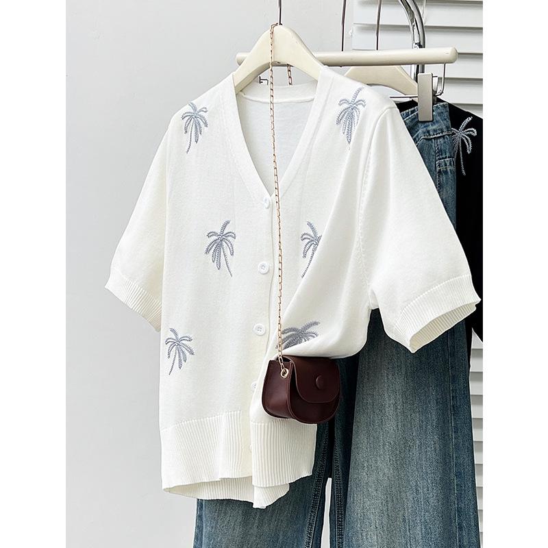 2026 Plus Size Korean Style Sequin Ice Silk Knit Cardigan - Short Sleeve Summer Top for Plus Size Women XL (50-68 kg)