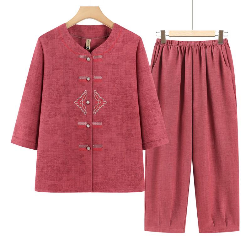 Elderly Women's Summer Loose T-Shirt & Shirt Two-Piece Set