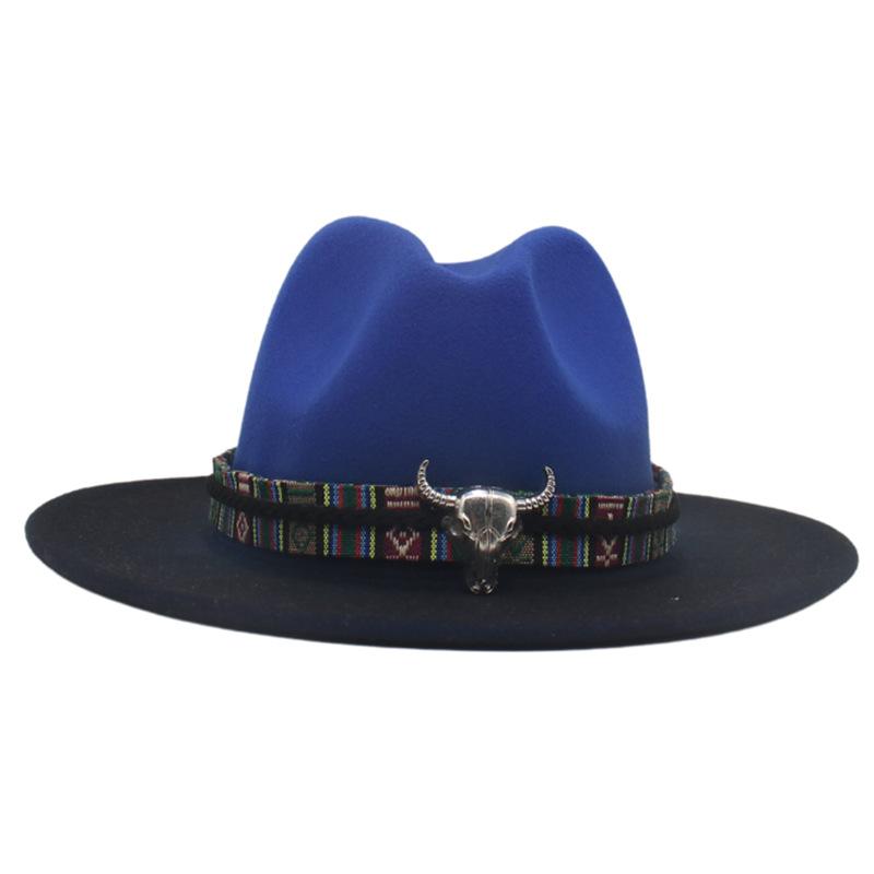 Trendy Tibetan Top Hat, Western Cowboy Hat, Bull Head Big Brim Woolen Felt Hat Gradual Change Color Spray Paint Two-Color Hat