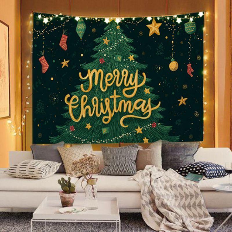 Happy Christmas Tree Tapestry, Winter Star Xmas Wall Hanging, Aesthetic Bedroom Dorm Festival Party Decor