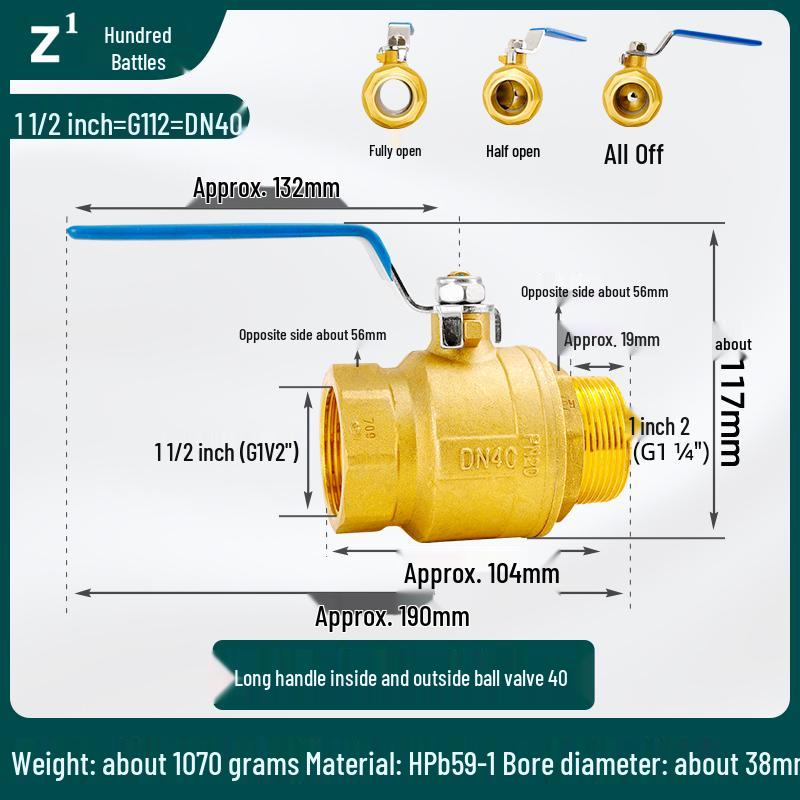 Copper Ball Valve for Gas & Water Heater: Internal/External Thread, Large Flow, Sizes 2-6 Points, 1 Inch