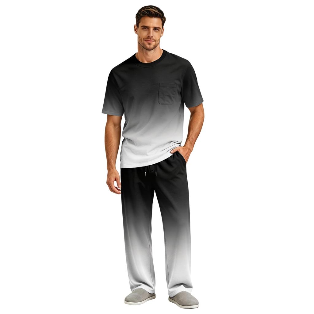 Men's Short Sleeve Pajama Set with Button Fly and Elastic Drawstring Waist