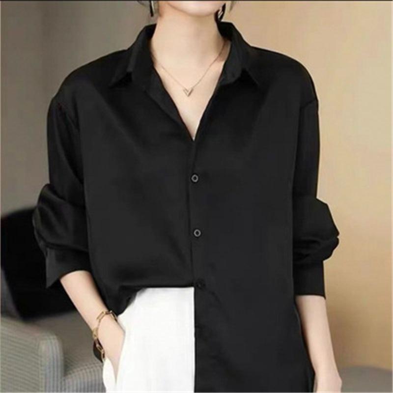 

Жіноча атласна сорочка з ацетату, дизайн у гонконзькому стилі з відчуттям унікальності для весни, шовкова блузка з довгим рукавом 5XL чорний