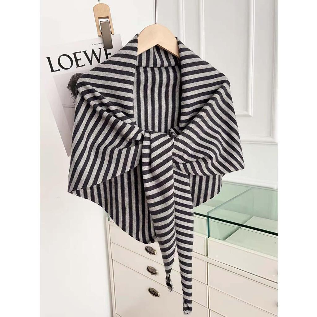 2025 Wool Blend Striped Triangle Shawl Women's Warm Thick Knitted Outerwear