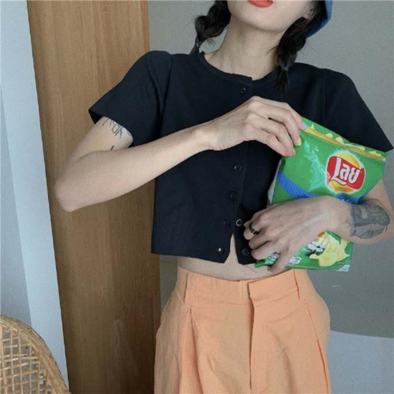 

Модный вязаный кардиган Taro Purple Lazy Wind с короткими рукавами, женский, тонкий, короткий, с вырезом, блузка, весенняя, повседневная, облегающая, пуловеры, футболки One Size чёрный