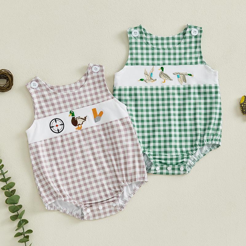 Children Clothing Yulin-001 Unisex Infant Green Baby Boys Rompers Wild Duck Embroidery Plaid Round Neck Sleeveless Summer Clothes Newborn Infant Girls Jumpsuits Overalls Cm