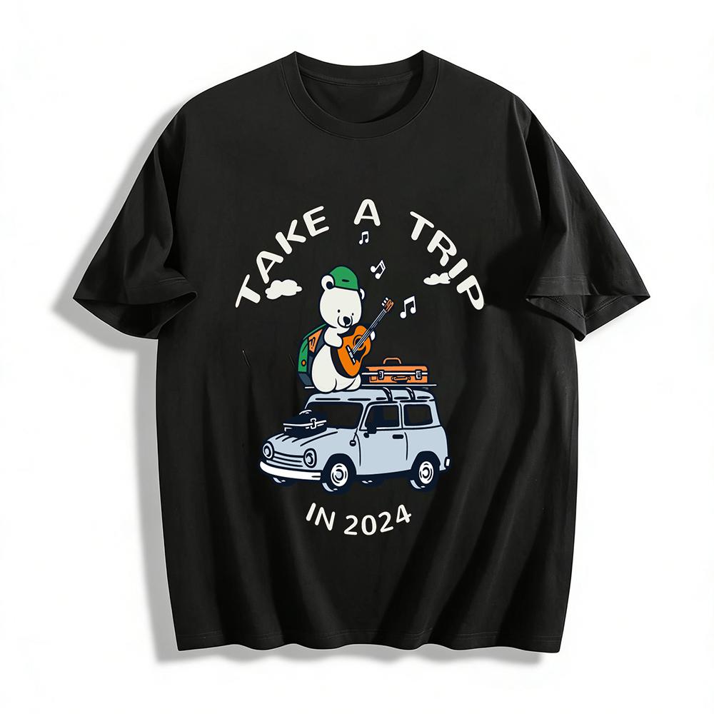 

2024 New Fun Travel Guitar-playing Bear Print T-shirt Men Women Casual Vacation Loose Crew Neck Top Pure cotton T-shirt XXS