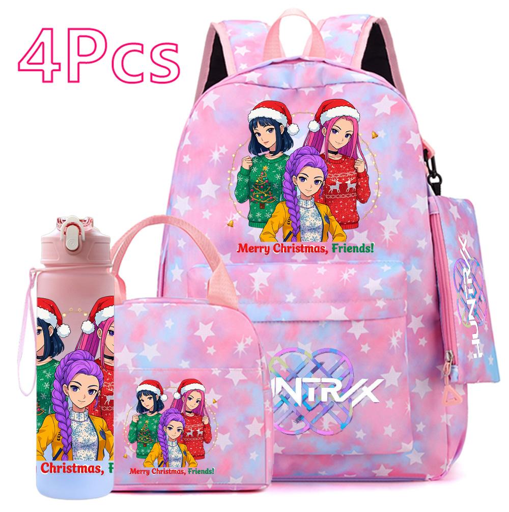 4 st/set Jul K-POP Tryckt Ryggsäck Handväska Pennskrin 750 ml Vattenflaska för Tonåring Pojke Flicka Bokväska Skolväska Med Drickmugg Barnpresent