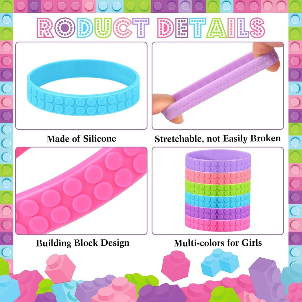 Pulseras de Bloques de Construcción 14/28 Piezas Recuerdos de Fiesta Infantil Pulseras de Goma Elásticas de Colores para Niños y Niñas - Divertidos Regalos de Fiesta de Cumpleaños