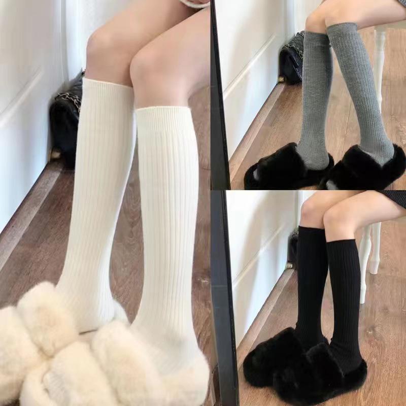 1Pair Autumn Winter Women Stockings Cotton Knitted Solid Color Calf Socks Warm Thigh High Stockings Ladies Girls Solid Knee Socks