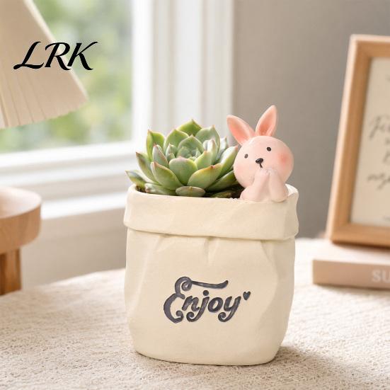 Stationery Storage Wrinkled Paper Bag Pen Holder with Animal Decor, Resin Desk Multifunctional Cup Organizer & Succulents Planter, Cute Gift