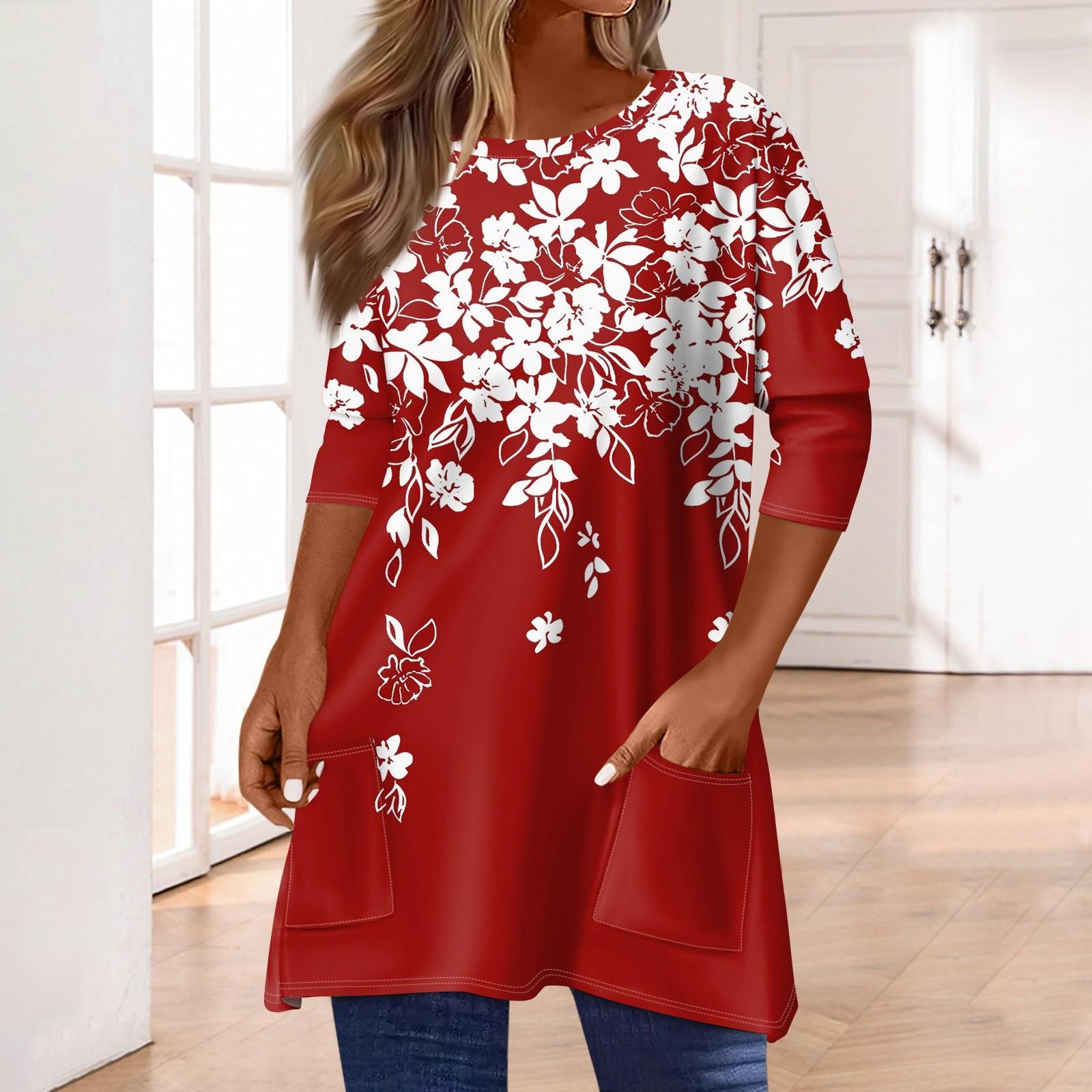 

3/4 рукава кармана топы для женщин футболка повседневный принт средней длины топы футболка круглый вырез пуловер блузка XL красный