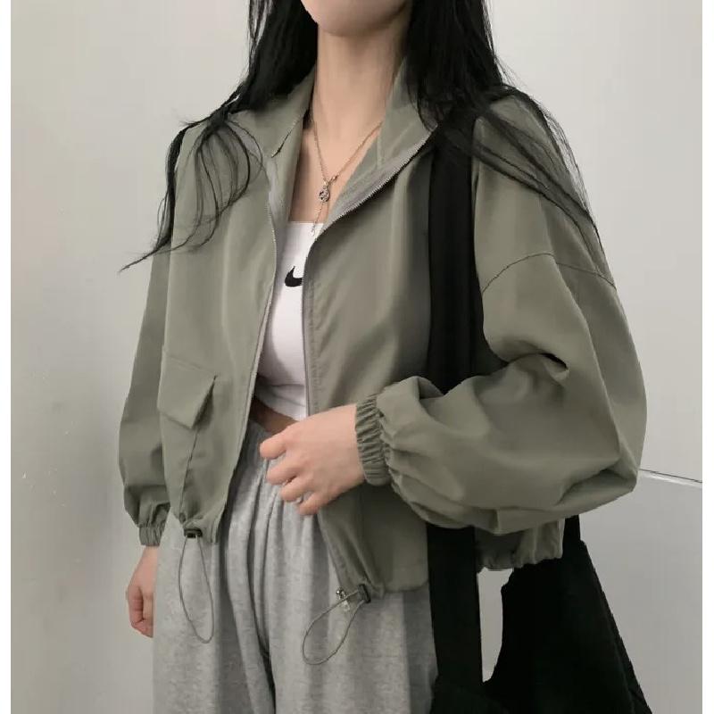 Vintage workwear drawstring short baseball jacket coat for women with a high-end, niche outerwear design