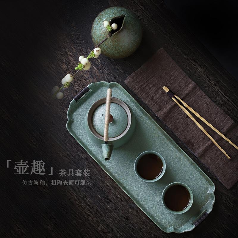 Jianying retro pottery glaze Chinese small set 1 drink household one pot two cups office ceramic tea set simple set