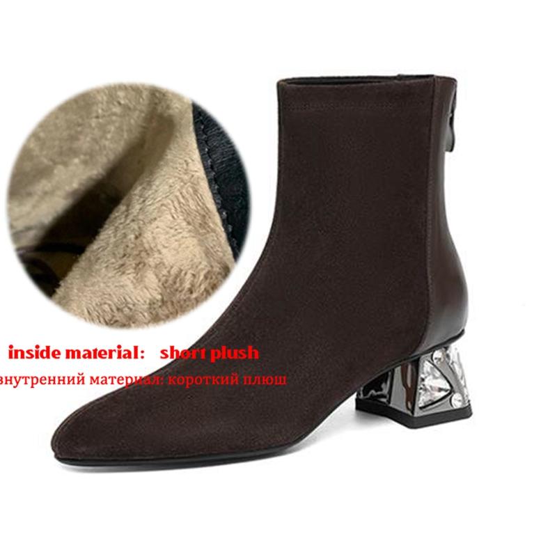 

Krazing Pot Cow Suede Nubuck Winter Round Toe Chelsea Boots Med Heels Zipper Crystal Heels Women Ankle Boots 42