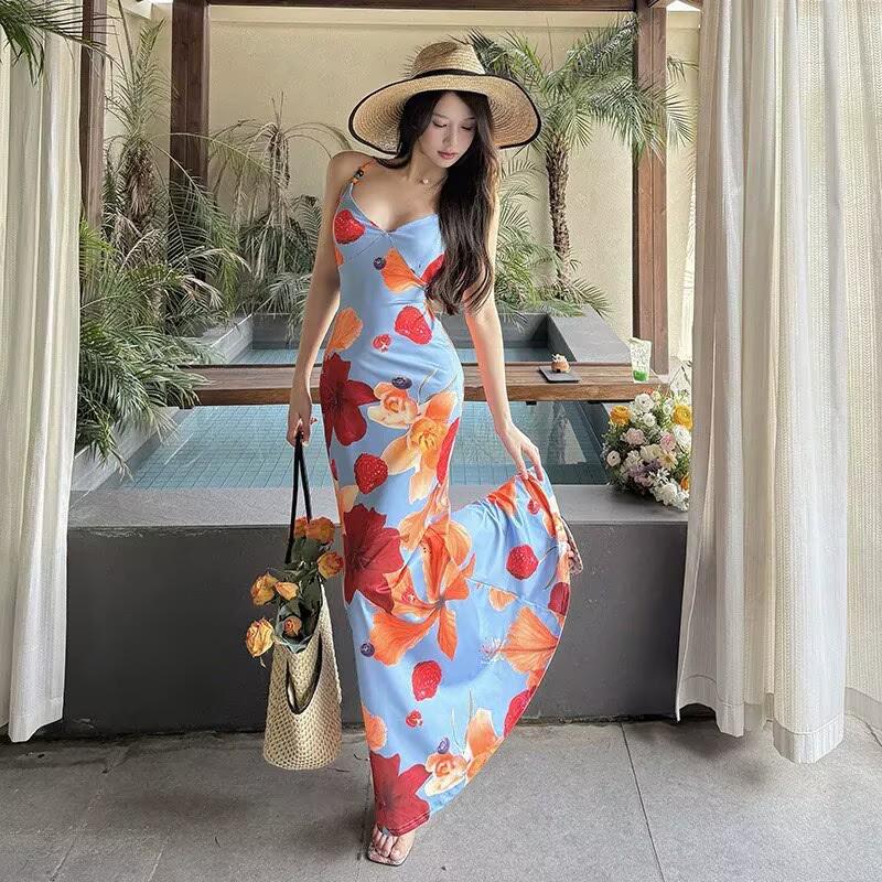 Southeast Asia Resort-Style Tie-Up Spaghetti Strap Summer Dress for Women