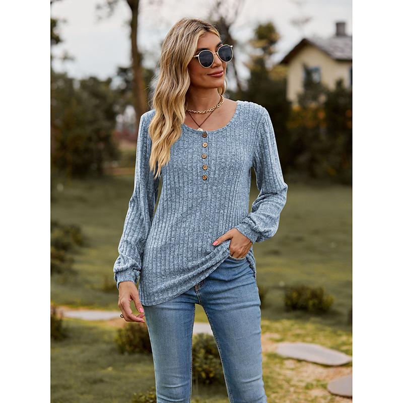 

Women s Autumn Blouse Round Neck Pit Stripe Matte Solid Color Button Patchwork Long Sleeved T-shirt Top Women Casual Tops XXL синий