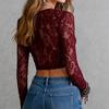 European and American sexy babes see-through lace embroidered long-sleeved tight-fitting crew neck short top