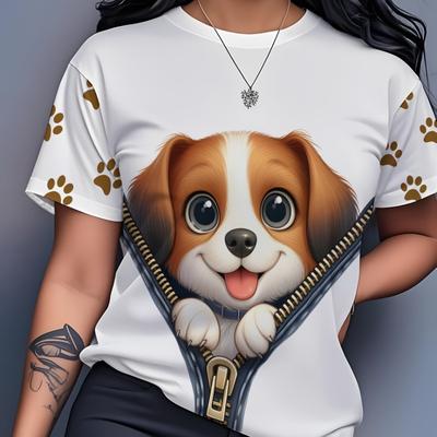 1pz Maglietta Casual Taglie Forti da Donna con Stampa Cane e Panda Carini, Top in Poliestere Girocollo con Leggera Elasticità
